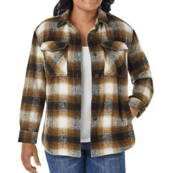 Members Mark Womens XS Relaxed Fit Button Brown Plaid Shacket NWOT Oversized - Picture 3 of 10